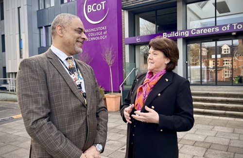 Principal Anthony Bravo chatting with MP Maria Miller outside of college